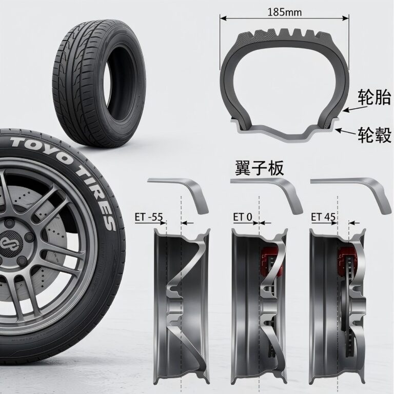 Main product image showing comprehensive tire markings and wheel size specifications infographic